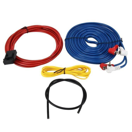 Car Audio Wiring Kit For Subwoofer Amplifier Installation with red power, blue RCA signal, yellow remote, and black ground cables for clean organized car subwoofer setup