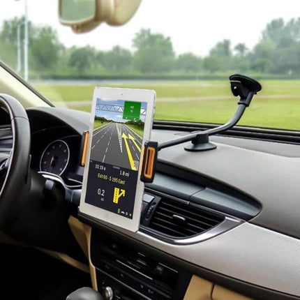 Universal Car Tablet Holder for Adjustable Hands-Free Use mounted on car dashboard holding tablet for navigation and entertainment