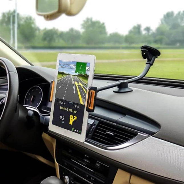 Universal Car Tablet Holder for Adjustable Hands-Free Use mounted on car dashboard holding tablet for navigation and entertainment