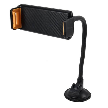 Universal Car Tablet Holder for Adjustable Hands-Free Use shown as black orange adjustable gooseneck mount with suction base for in-car tablets