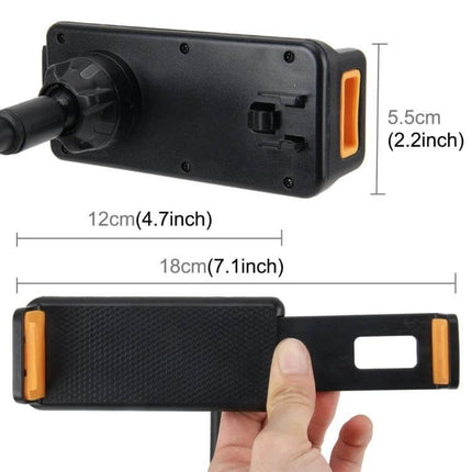 Universal Car Tablet Holder for Adjustable Hands-Free Use showing adjustable 12-18cm holder with dimensions and orange grip pads