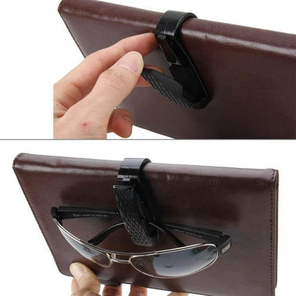 Practical Vehicle Mounted Holder for Sunglasses and Eyeglasses clipped to car visor storing sunglasses within reach