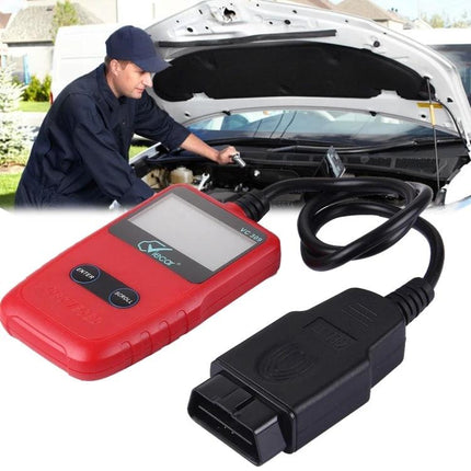 Viecar Device for Everyday Car Maintenance and Checks at Home red VC309 OBD II code reader with cable and car hood open