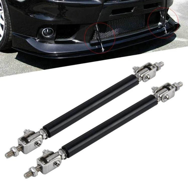 Car Lip Support Rods 2 Pack Telescopic Front And Rear Bars installed on a car front lip, adjustable black telescopic support rods