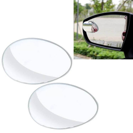 Wide Angle Adjustable Oval Blind Spot Mirror for Vehicles showing two oval glass mirrors and one attached to car side mirror for expanded view