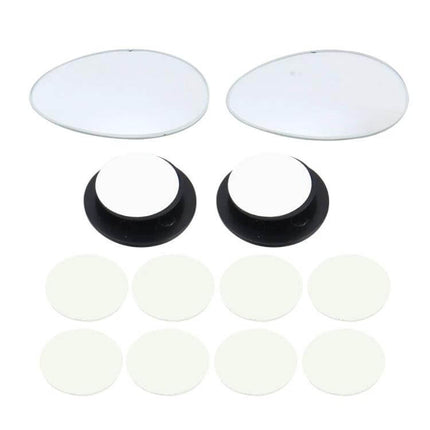 Wide Angle Adjustable Oval Blind Spot Mirror for Vehicles showing two oval glass mirrors, two swivel mounts and adhesive pads