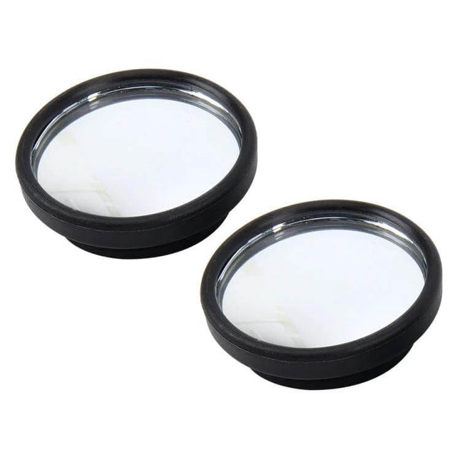 Wide Angle Blind Spot Mirrors for Cars and Trucks, 2 Pack - two round convex stick-on side mirror attachments in black