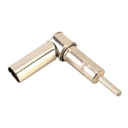 Car Radio Antenna Adapter with Male and Female Connectors shown as metal L-shaped male and female plug for in-dash stereo installation