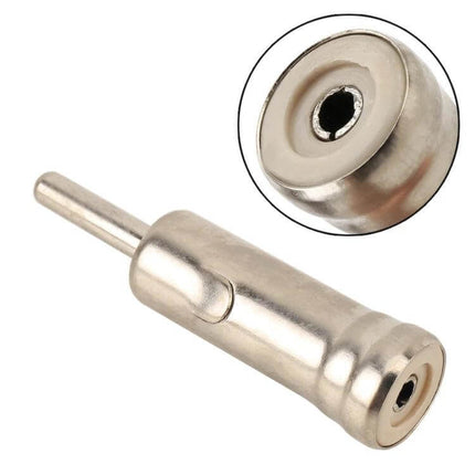 Car Radio Antenna Adapter with Male and Female Connectors shown metallic male pin and female socket for quick stereo installation