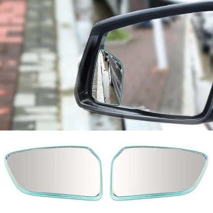 Car Blind Spot Rear View Mirror with Adjustable Angle installed on side mirror showing curb and two replacement PC glass mirrors
