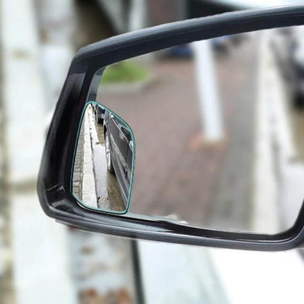 Car Blind Spot Rear View Mirror with Adjustable Angle mounted on side mirror showing enhanced visibility of adjacent lane and curb