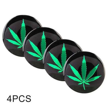 Green Leaves Pattern Metal Stickers for Car Wheel Hubs, 4 Pack - glossy black round metal stickers with bright green leaf pattern for rim center caps
