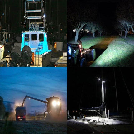 27W Waterproof LED Spot Light for Vehicles and Boats mounted on boat and vehicle showing focused 30° beam, black aluminum housing, tempered glass