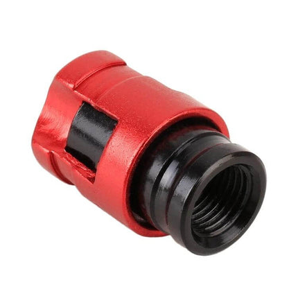 Durable Metal Tire Valve Caps 4 Pack For Cars And Everyday Use red metal replacement cap close-up showing threaded interior and dust-tight seal