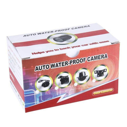 Waterproof Universal Car Rear View Backup Camera for Reversing in retail packaging showing waterproof auto water-proof camera box