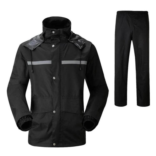 Black 2XL Reflective Rain Suit for Motorcycle Riding shown front jacket with reflective strips and matching rain pants