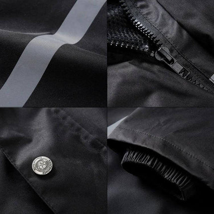 Reflective Waterproof Raincoat and Pants for Motorcycle Riders, Size 2XL Red - close-up reflective strip, zipper, snap button, elastic cuff