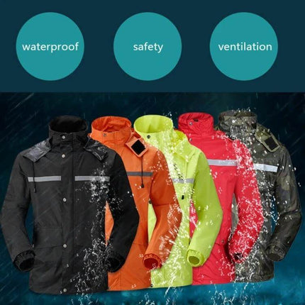 Reflective Waterproof Raincoat and Pants for Motorcycle Riders, Size 2XL Red - waterproof reflective rain set shown in multiple colors with splashing water