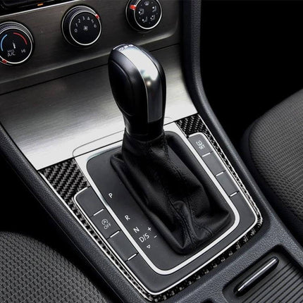 Decorative Carbon Fiber Gear Position Sticker for Volkswagen Golf 7 Gear Position Cover installed on black automatic gear shift surround