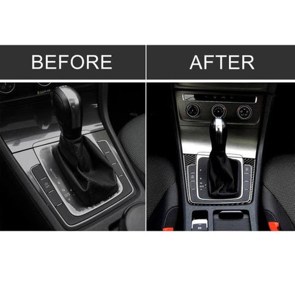 Decorative Carbon Fiber Gear Position Sticker for Volkswagen Golf 7 Gear Position Cover shown before and after installation on gear console