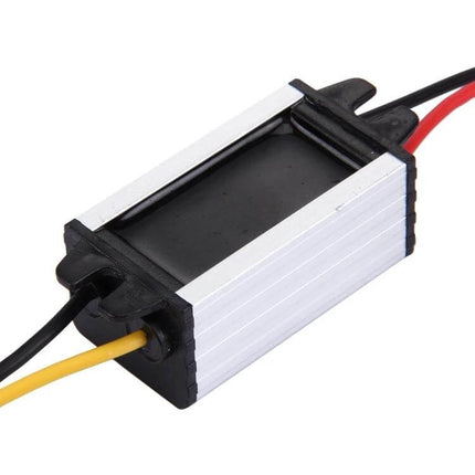 Car DC to DC Converter Power Adapter for 12V Accessories small aluminum housing, 96% efficient, wiring for car displays radios speakers monitoring gear