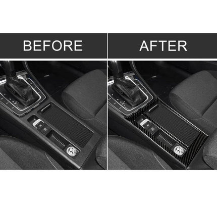 Carbon Fiber Decorative Sticker for Volkswagen Golf 7 Water Cup Panel showing before and after interior center console upgrade