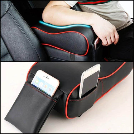 Comfortable Universal Car Armrest with Memory Foam and Storage - black leatherette arm pad with red trim, pocket storage for phones