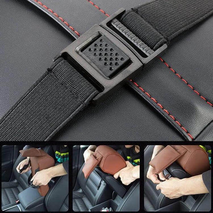 Comfortable Universal Car Armrest with Memory Foam and Storage - close-up of black strap buckle and installation on car center console