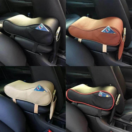 Comfortable Universal Car Armrest with Memory Foam and Storage installed on center console in four color options showing pocket and strap
