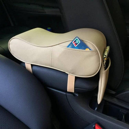 Comfortable Universal Car Armrest with Memory Foam and Storage beige memory foam armrest with side pocket holding cards and phone