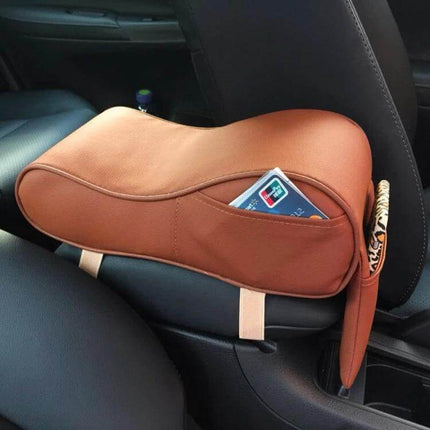 Comfortable Universal Car Armrest with Memory Foam and Storage on center console, brown leather pocket holding phone, ergonomic support for drivers
