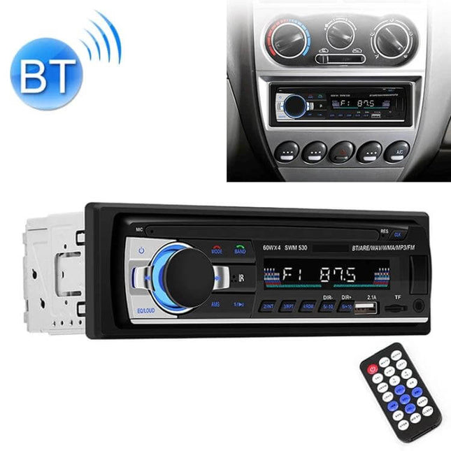 Universal Car Bluetooth MP3 Player and Dual USB Charger with FM Radio installed in car dash, USB ports, remote and Bluetooth logo