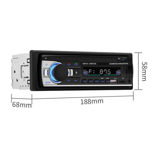 Universal Car Bluetooth MP3 Player and Dual USB Charger with FM Radio - single DIN car stereo with display, control knob, dual USB ports and dimensions (188x68x58mm)