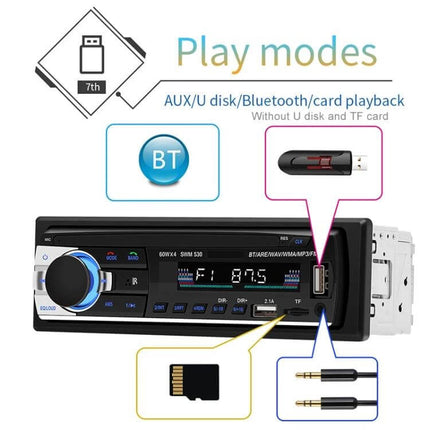 Universal Car Bluetooth MP3 Player and Dual USB Charger with FM Radio front panel showing Bluetooth, USB, TF card and AUX playback modes