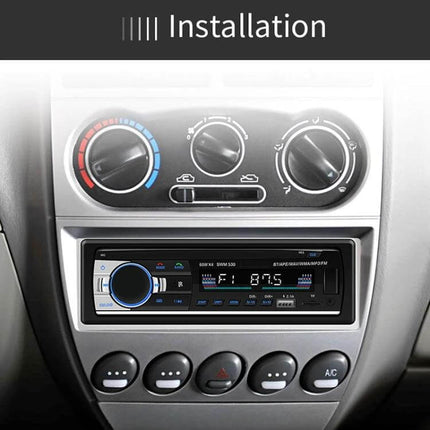 Universal Car Bluetooth MP3 Player and Dual USB Charger with FM Radio installed in car dash showing controls and display