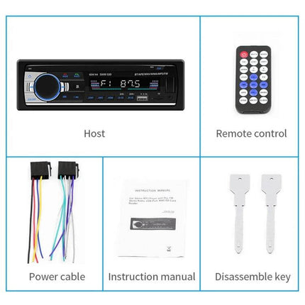 Universal Car Bluetooth MP3 Player and Dual USB Charger with FM Radio, host unit remote control power cable manual and disassemble keys