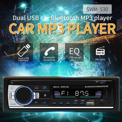 Universal Car Bluetooth MP3 Player and Dual USB Charger with FM Radio dashboard unit showing display, USB ports, and FM icons