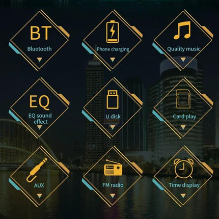 Universal Car Bluetooth MP3 Player and Dual USB Charger with FM Radio showing Bluetooth, charging, EQ, U disk, card play, AUX, FM radio and time display icons