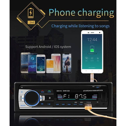 Universal Car Bluetooth MP3 Player and Dual USB Charger with FM Radio showing phone charging and music playback in car stereo