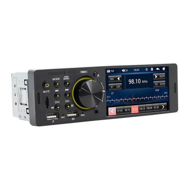 Universal Car Radio Receiver with 4.1 Inch Touch Screen in-dash unit showing FM display, Bluetooth, USB and SD playback options