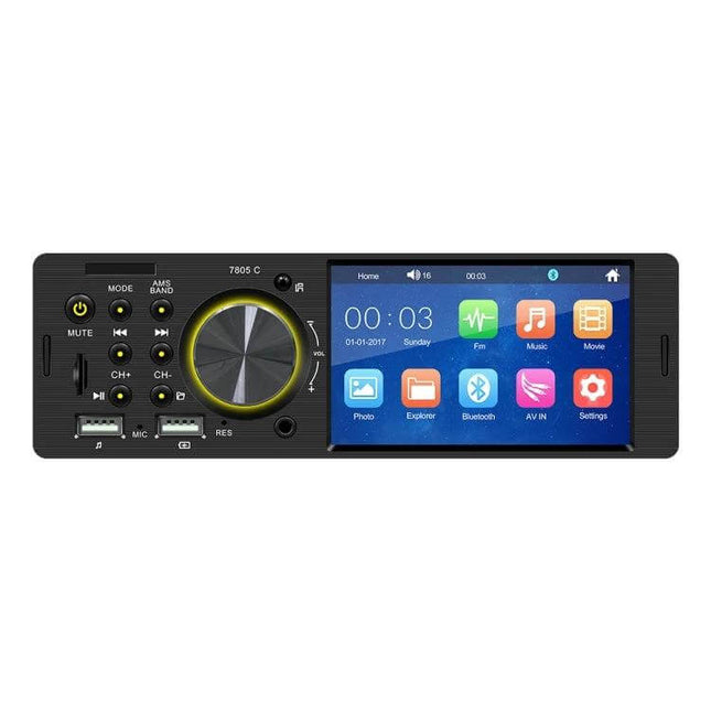 Universal Car Radio Receiver with 4.1 Inch Touch Screen front view showing display, controls, USB and Bluetooth media icons