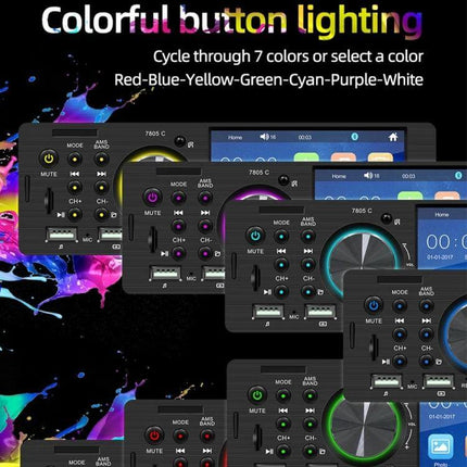 Universal Car Radio Receiver with 4.1 Inch Touch Screen showing colorful button lighting and Bluetooth, USB, SD playback options