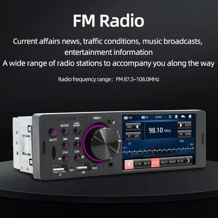 Universal Car Radio Receiver with 4.1 Inch Touch Screen showing FM radio display, Bluetooth, USB and SD playback options