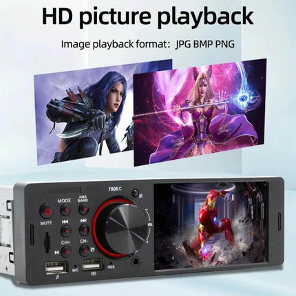 Universal Car Radio Receiver with 4.1 Inch Touch Screen showing touchscreen playback, Bluetooth, USB and SD media options