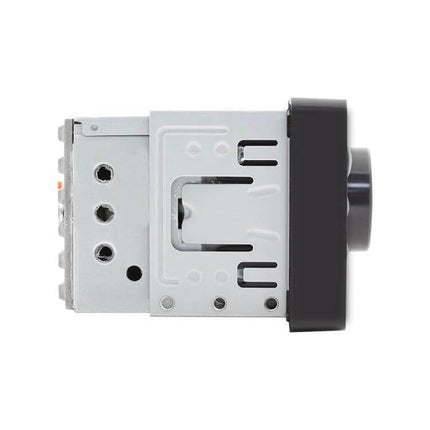 Universal Car Radio Receiver with 4.1 Inch Touch Screen showing side view of metal chassis and control knob