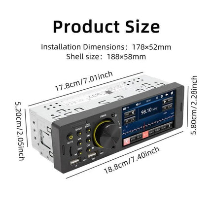 Universal Car Radio Receiver with 4.1 Inch Touch Screen showing product size and installation dimensions for dashboard fit