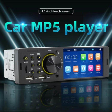Universal Car Radio Receiver with 4.1 Inch Touch Screen installed in dashboard showing Bluetooth, USB, SD and media playback icons