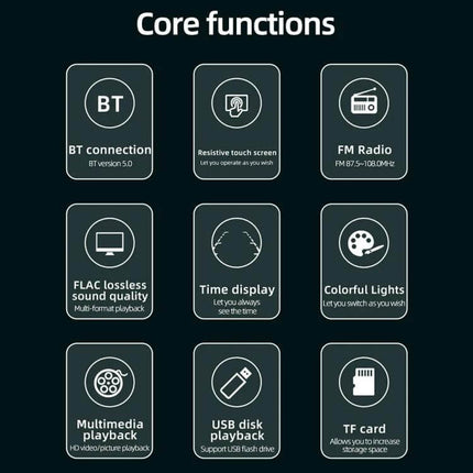 Universal Car Radio Receiver with 4.1 Inch Touch Screen showcasing Bluetooth, FM radio, USB/SD playback and colorful lights