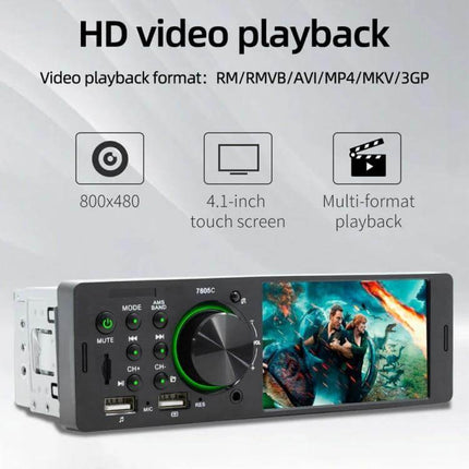 Universal Car Radio Receiver with 4.1 Inch Touch Screen showing 4.1-inch display, Bluetooth, USB and SD media playback