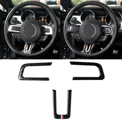 Car USA Color Carbon Fiber Steering Wheel Sticker for Ford Mustang 2015-2017 installed on black Mustang steering wheel showing carbon fiber pieces with USA color stripe